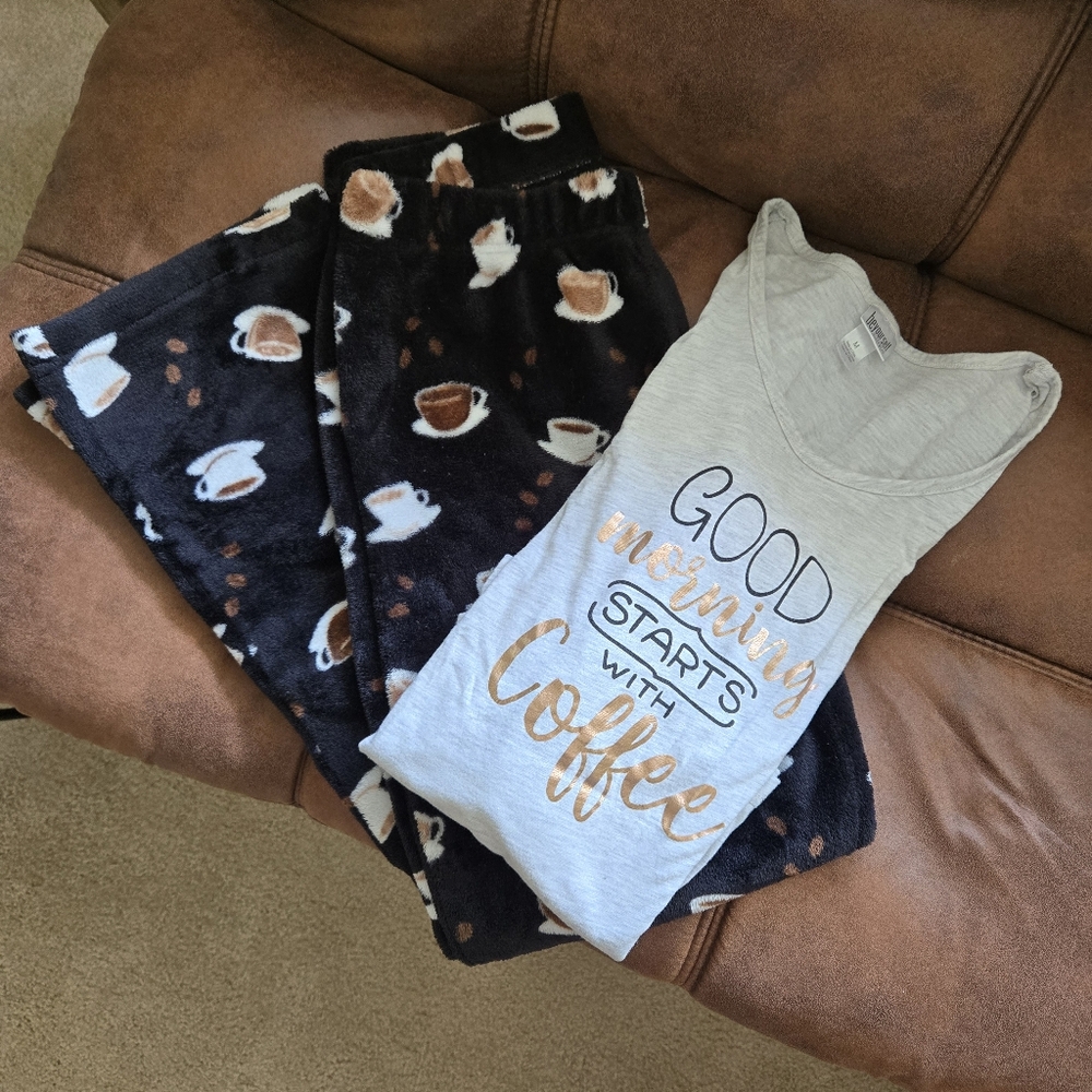 COZY Be Yourself “Good Morning Starts With Coffee” Pajamas Set Gray/Black Medium